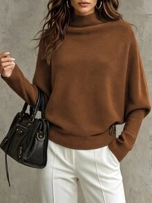 LUMIGAL Women's New Autumn/Winter Fine Ribbed Texture Semi-High Neck Batwing Sleeve Ribbed Waist Side Metal Buckle Fashion Elegant Commuter Style Versatile Sweater - Brown - View 1