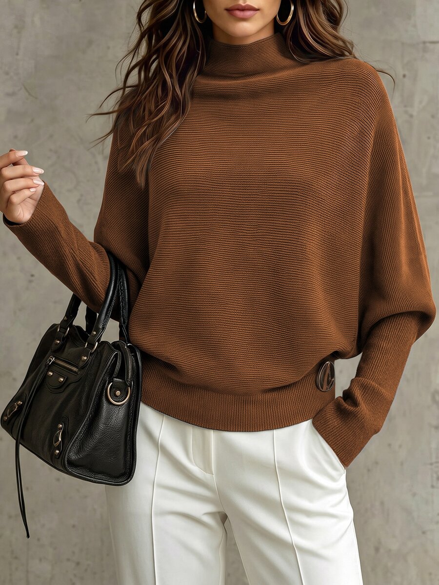 LUMIGAL Women's New Autumn/Winter Fine Ribbed Texture Semi-High Neck Batwing Sleeve Ribbed Waist Side Metal Buckle Fashion Elegant Commuter Style Versatile Sweater - Brown - View 1