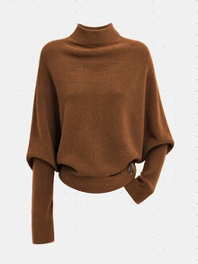 LUMIGAL Women's New Autumn/Winter Fine Ribbed Texture Semi-High Neck Batwing Sleeve Ribbed Waist Side Metal Buckle Fashion Elegant Commuter Style Versatile Sweater - Brown - View 6