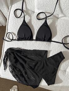 SHEIN Swim Women's Summer Beach Vacation Leaf Jacquard Halter Tie Back Sexy Bikini 3-Piece Set - Black - View 2