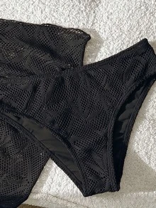 SHEIN Swim Women's Summer Beach Vacation Leaf Jacquard Halter Tie Back Sexy Bikini 3-Piece Set - Black - View 6