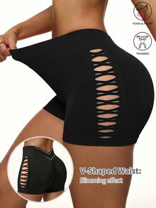 Slayform Slayform 1pc Regular Shorts/Side Cutout Design/Basic Style/Black/Sports Shorts/Fitness/Yoga Seamless - Black - View 4