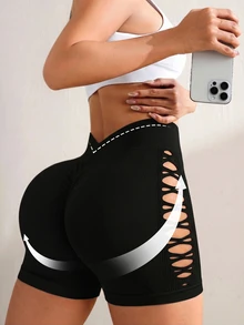 Slayform Slayform 1pc Regular Shorts/Side Cutout Design/Basic Style/Black/Sports Shorts/Fitness/Yoga Seamless - Black - View 7