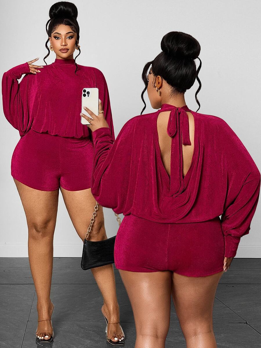 Maweii Burgundy Sexy Hot Girl Backless Half-High Neck Lantern Sleeve Short Jumpsuit, High Waist Slimming Jumpsuit Fall Christmas - Burgundy - View 1