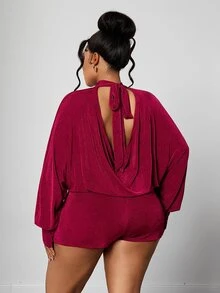 Maweii Burgundy Sexy Hot Girl Backless Half-High Neck Lantern Sleeve Short Jumpsuit, High Waist Slimming Jumpsuit Fall Christmas - Burgundy - View 4