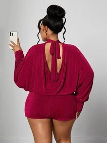 Maweii Burgundy Sexy Hot Girl Backless Half-High Neck Lantern Sleeve Short Jumpsuit, High Waist Slimming Jumpsuit Fall Christmas - Burgundy - View 3