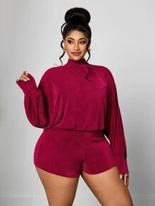 Maweii Burgundy Sexy Hot Girl Backless Half-High Neck Lantern Sleeve Short Jumpsuit, High Waist Slimming Jumpsuit Fall Christmas - Burgundy - View 6