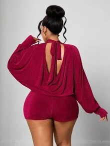 Maweii Burgundy Sexy Hot Girl Backless Half-High Neck Lantern Sleeve Short Jumpsuit, High Waist Slimming Jumpsuit Fall Christmas - Burgundy - View 5