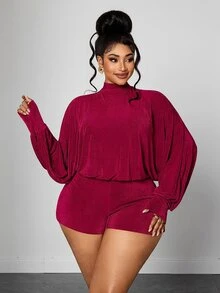Maweii Burgundy Sexy Hot Girl Backless Half-High Neck Lantern Sleeve Short Jumpsuit, High Waist Slimming Jumpsuit Fall Christmas - Burgundy - View 2