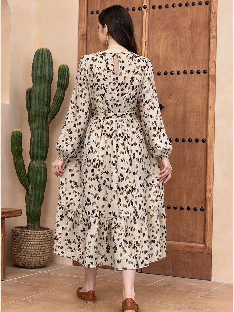 SHEIN Teen Girl Casual Baggy Cute Thanksgiving Loose Round Neck Puff Sleeve Ruffle Floral Print Chiffon Midi Dress Cake Beige Sister Outfit Fall Prom - Multicolor - View 2