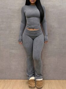 INAWLY Solva Women's Solid Color Long Sleeve T-Shirt And Leggings 2 Pieces Set - Dark Grey - View 1