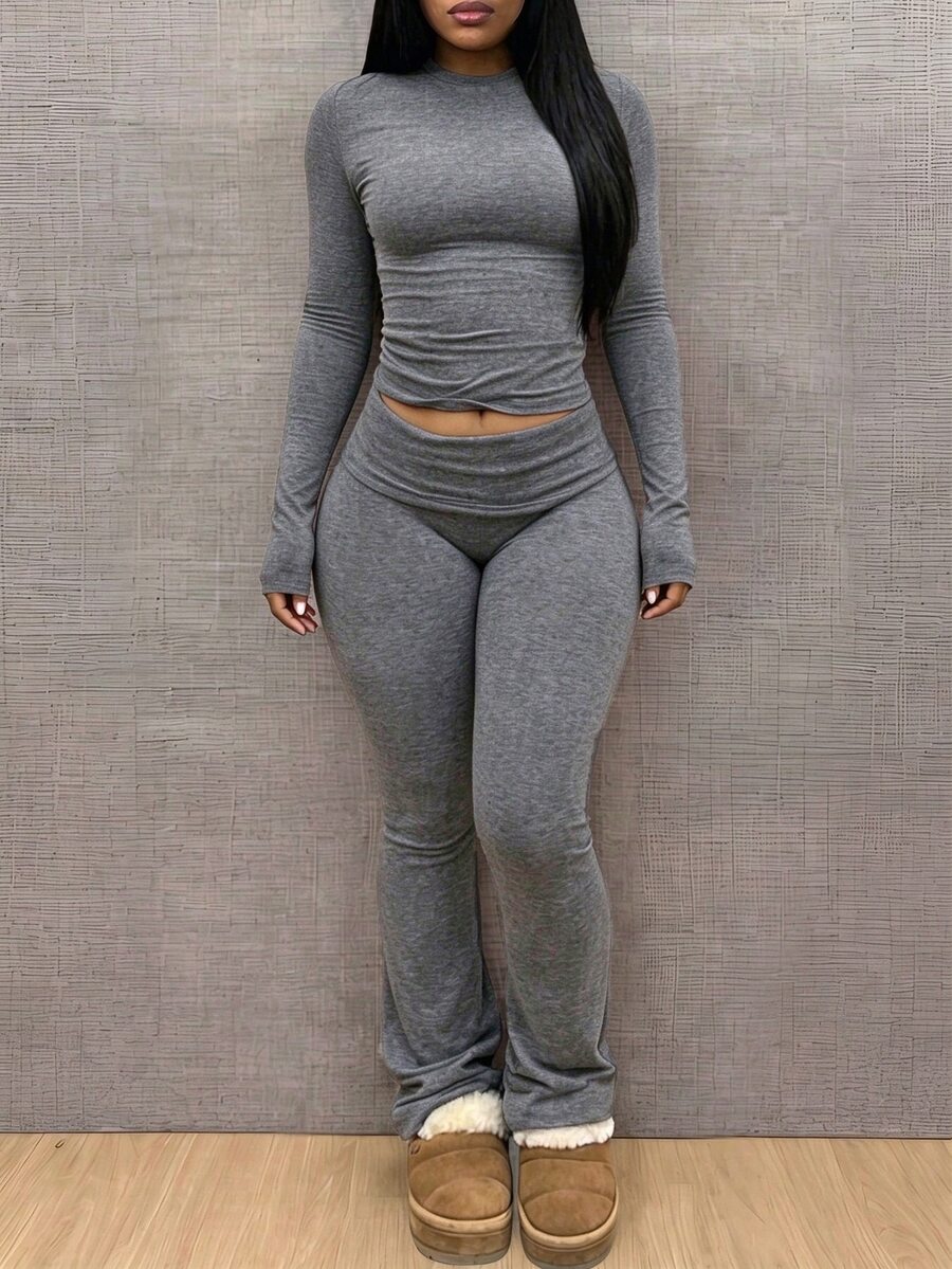 INAWLY Solva Women's Solid Color Long Sleeve T-Shirt And Leggings 2 Pieces Set - Dark Grey - View 1
