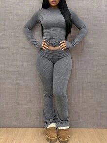 INAWLY Solva Women's Solid Color Long Sleeve T-Shirt And Leggings 2 Pieces Set - Dark Grey - View 2