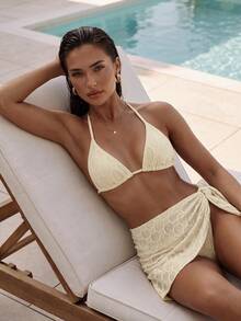Swim Vcay Women's Beach Vacation Shell Jacquard Fabric Halter Tie Back Sexy Bikini 3-Piece Set - Apricot - View 1