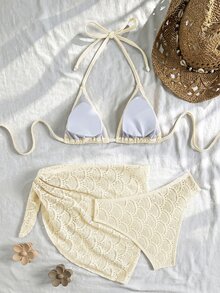 Swim Vcay Women's Beach Vacation Shell Jacquard Fabric Halter Tie Back Sexy Bikini 3-Piece Set - Apricot - View 2