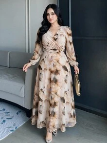 Feyla Plus Size Women's Beige Waist Metal Decor Lantern Sleeve Elegant Dress Formal Evening Party Fall - Multicolor - View 1
