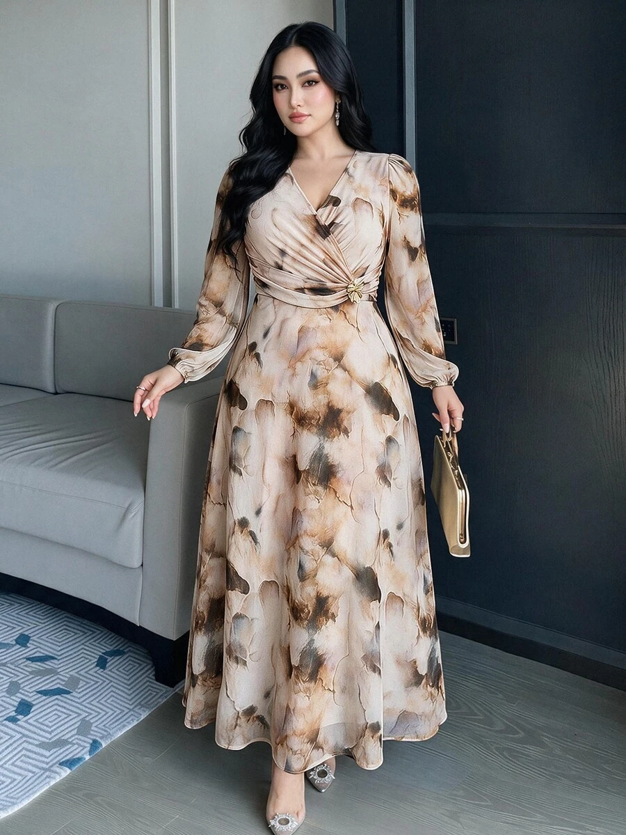Feyla Plus Size Women's Beige Waist Metal Decor Lantern Sleeve Elegant Dress Formal Evening Party Fall - Multicolor - View 1