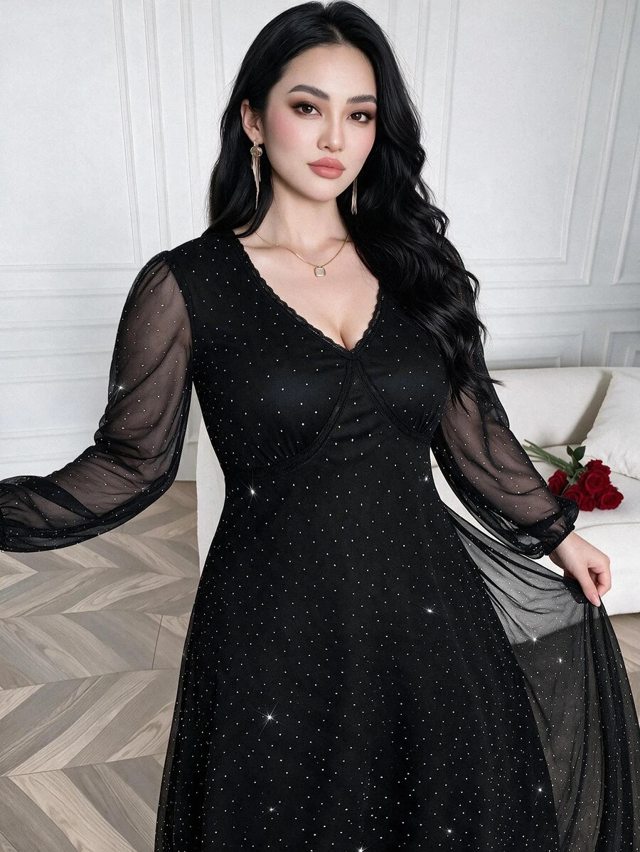 Feyla Plus Size Elegant Party Rhinestone Mesh Dress - Black - View 1