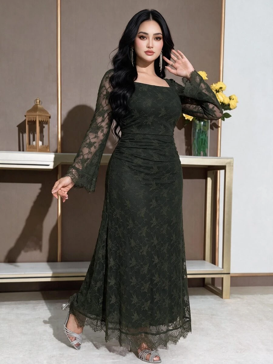 Feyla 大尺碼女款蕾絲方領百褶收腰優雅派對婚禮禮服 秋季 - 墨綠色 - 查看 1