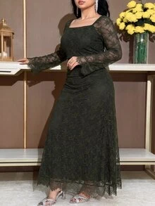 Feyla 大尺碼女款蕾絲方領百褶收腰優雅派對婚禮禮服 秋季 - 墨綠色 - 查看 7