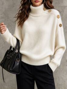 LUMIGAL Women's Autumn/Winter Pullover Sweater Semi-High Neck Single Shoulder Decoration Metal Buckle Dropped Shoulder Long Sleeve Loose Fit Brunch - Beige - View 1