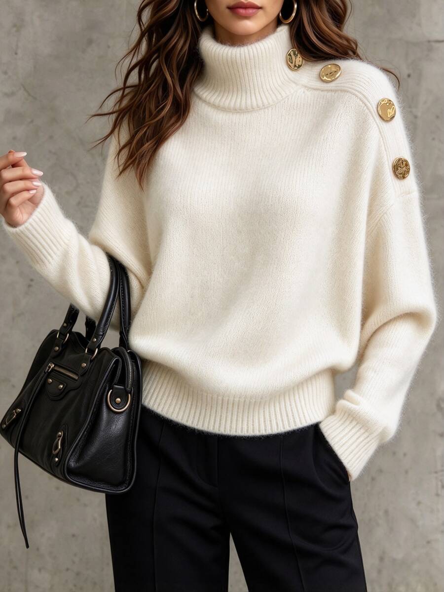 LUMIGAL Women's Autumn/Winter Pullover Sweater Semi-High Neck Single Shoulder Decoration Metal Buckle Dropped Shoulder Long Sleeve Loose Fit Brunch - Beige - View 1