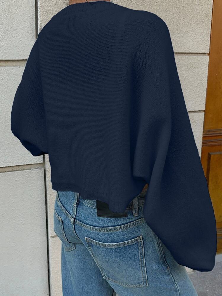 Autumina Women's Solid Color Bat Wing Sleeve Cropped Casual Minimalist Cardigan - Navy Blue - View 2