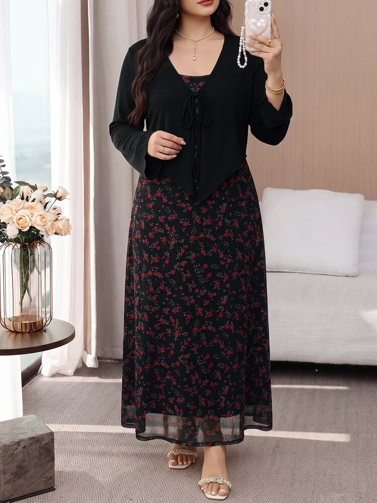 Feyla Plus Size Floral Print Spaghetti Strap Dress With Long Sleeve Cardigan 2-Piece Set - Multicolor - View 5