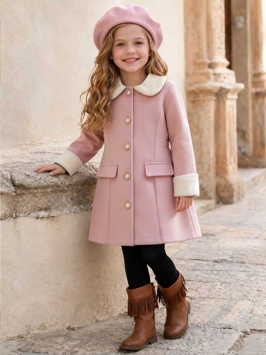 SHEIN Mantel Vintage untuk Anak Perempuan, Jubah Elegan dan Chic, Musim Gugur, Musim Dingin, Gaun Tamu Pernikahan: Tebal dengan Bulu Domba - Baby Pink - View 1