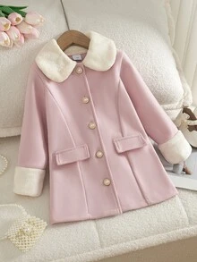 SHEIN Mantel Vintage untuk Anak Perempuan, Jubah Elegan dan Chic, Musim Gugur, Musim Dingin, Gaun Tamu Pernikahan: Tebal dengan Bulu Domba - Baby Pink - View 6