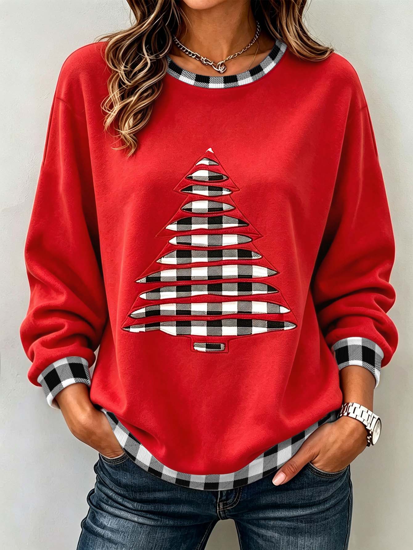 EMERY ROSE Plus Size Women's Christmas Plaid Christmas Tree Crew Neck Long Sleeve Sweatshirt, Christmas Holiday Vibe Sweatshirt Winter - Hot Pink - View 1
