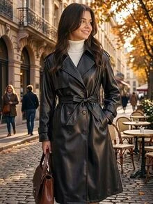 SHEIN Tween女孩童裝編織雙排扣翻領寬鬆長版PU大衣，休閒風，通勤與街頭穿搭，秋冬/四季皆宜 - 黑色 - 查看 2