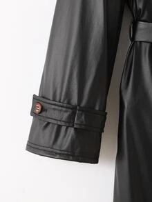 SHEIN Tween女孩童裝編織雙排扣翻領寬鬆長版PU大衣，休閒風，通勤與街頭穿搭，秋冬/四季皆宜 - 黑色 - 查看 7