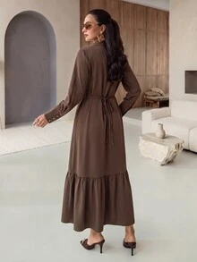 Rue Lumi Women's Casual Fall Vintage Coffee Brown Midi Dress, Simple Lapel, Single-Breasted Button, Long Sleeve, Maxi Ankle-Length, Elegant For Office Brunch - Brown - View 3
