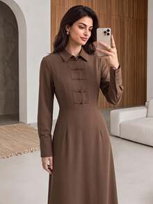 Rue Lumi Women's Casual Fall Vintage Coffee Brown Midi Dress, Simple Lapel, Single-Breasted Button, Long Sleeve, Maxi Ankle-Length, Elegant For Office Brunch - Brown - View 2