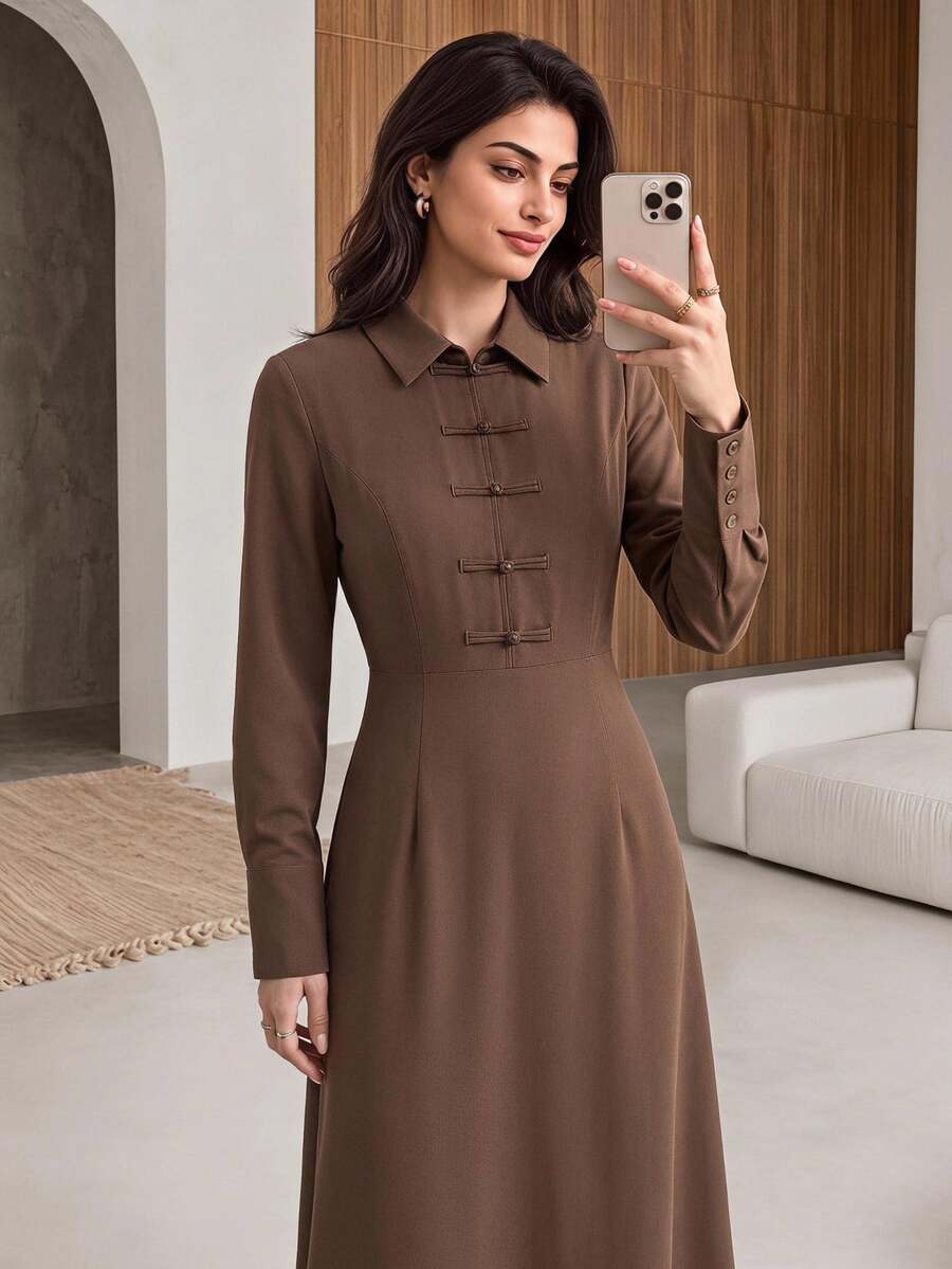Rue Lumi Women's Casual Fall Vintage Coffee Brown Midi Dress, Simple Lapel, Single-Breasted Button, Long Sleeve, Maxi Ankle-Length, Elegant For Office Brunch