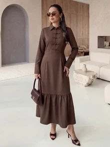 Rue Lumi Women's Casual Fall Vintage Coffee Brown Midi Dress, Simple Lapel, Single-Breasted Button, Long Sleeve, Maxi Ankle-Length, Elegant For Office Brunch - Brown - View 4