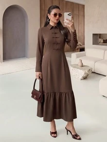 Rue Lumi Women's Casual Fall Vintage Coffee Brown Midi Dress, Simple Lapel, Single-Breasted Button, Long Sleeve, Maxi Ankle-Length, Elegant For Office Brunch - Brown - View 6