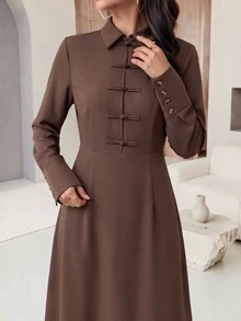 Rue Lumi Women's Casual Fall Vintage Coffee Brown Midi Dress, Simple Lapel, Single-Breasted Button, Long Sleeve, Maxi Ankle-Length, Elegant For Office Brunch - Brown - View 7