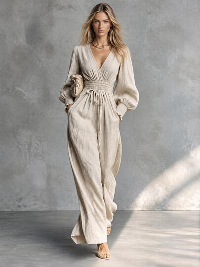SHEIN Women's Autumn/Winter New French Elegant Ruched Long Sleeve Cinched Waist Apricot Linen Cotton Jumpsuit, Natural Texture Comfortable Linen Cotton Fabric, Cross V-Neck Design Highlights Neckline, Puff Sleeves Add Romantic Flair, Elastic Waist With Drawstring, Suitable For Daily Wear And Dating Occasions