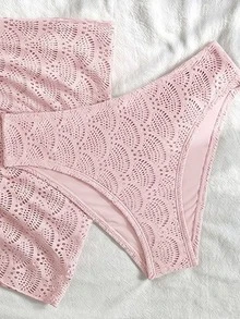 SHEIN Swim Women's Beach Golf Vacation Shell Jacquard Fabric Halter Tie-Back Sexy Bikini 3-Piece Set White Summer - Pink - View 7