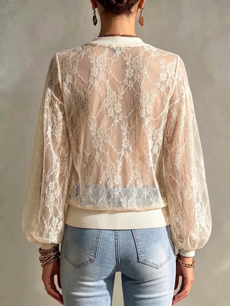 Islaluna Women's Fashion Sheer Round Neck Lace Loose Long Sleeve Early Autumn Gentle Top, Suitable For Daily Commute, Travel, Dating - Apricot - View 2