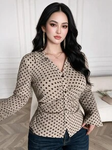 Feyla Plus Size French Polka Dot Print Pleated Button Shirt - Multicolor - View 1