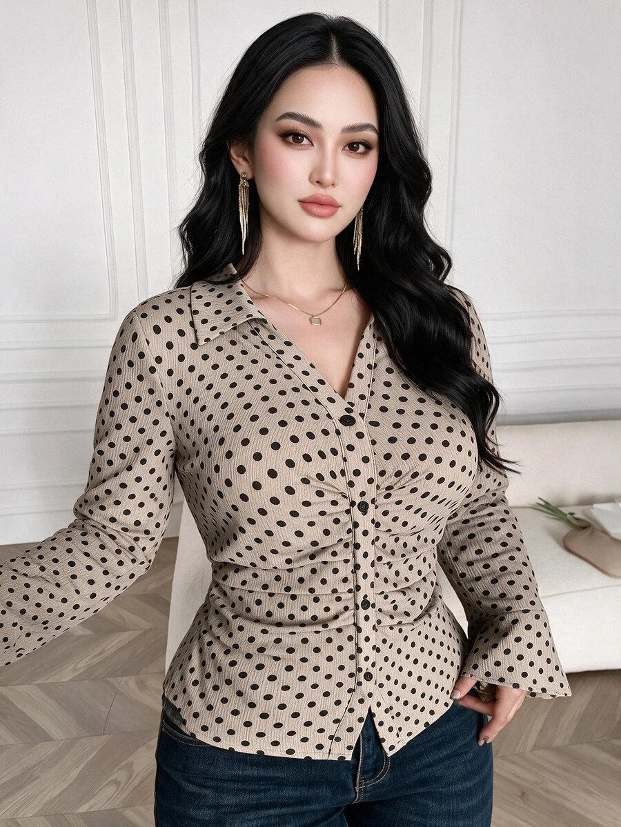 Feyla Plus Size French Polka Dot Print Pleated Button Shirt - Multicolor - View 1