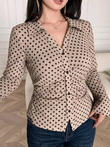 Feyla Plus Size French Polka Dot Print Pleated Button Shirt - Multicolor - View 5