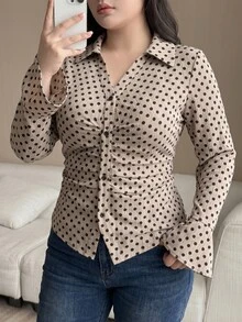 Feyla Plus Size French Polka Dot Print Pleated Button Shirt - Multicolor - View 6