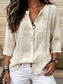 Linhara Plus Size Women's Vintage Floral Casual Shirt, Suitable For All Seasons, Comfortable Fit Everyday Shirt - Multicolor - View 1