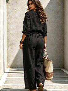 Linhara CURVE Women's Two Pieces Set, Loose Crewneck Top, High-Waisted Wide-Leg Pants, Lazy Vacation Style - Grey - View 2