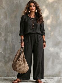 Linhara CURVE Women's Two Pieces Set, Loose Crewneck Top, High-Waisted Wide-Leg Pants, Lazy Vacation Style - Grey - View 4