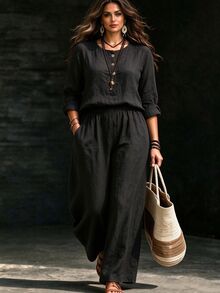 Linhara CURVE Women's Two Pieces Set, Loose Crewneck Top, High-Waisted Wide-Leg Pants, Lazy Vacation Style - Grey - View 3